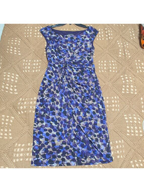 Connected Apparel Polka Dot Sheath Dress Size 6 Blue Boat Neck Knit Stretch